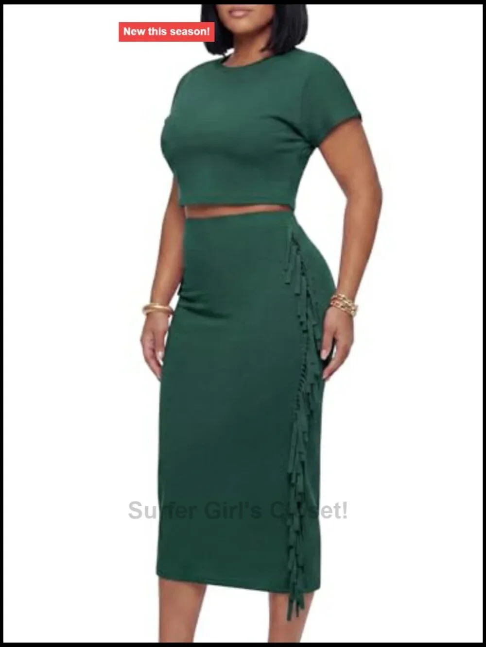 2 Piece Outfit Crop Top Tassel Trim Bodycon Midi Skirt Set